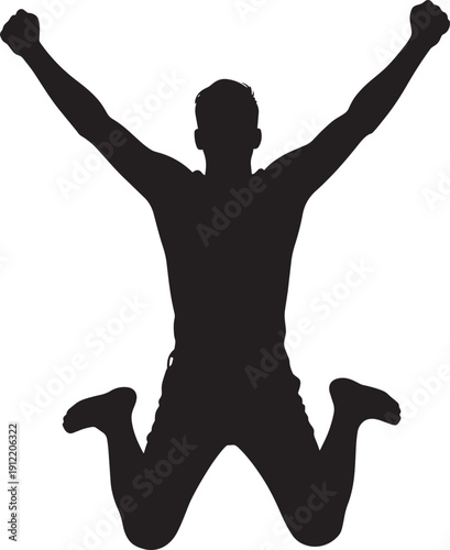 Silhouette of man jumping for joy and celebrating success with arms raised over grey background