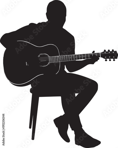Silhouette of man sitting on stool playing acoustic guitar, musical instrument, hobby, leisure, creative