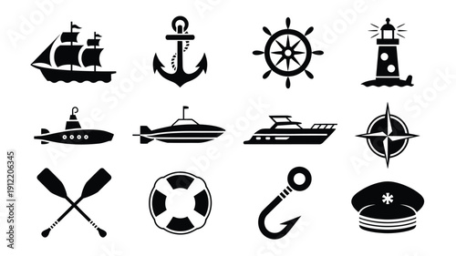 Nautical vector illustration set featuring maritime symbols anchors ships and navigation tools in black and white design