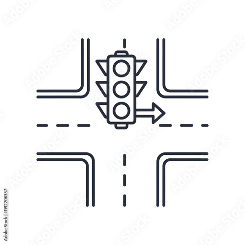 Traffic light illustration shows a vertical signal head with an arrow indicating a right turn at a four-way intersection.