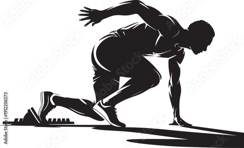 Sprinter on starting blocks getting ready to run race, isolated vector silhouette