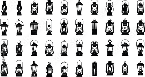 Vintage Lanterns and Oil Lamps Silhouette Set Vector Illustration. Collection of Retro Camping Light Icons for Design Projects.