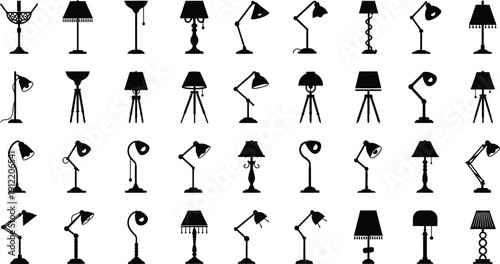 Modern and classic lamp silhouettes vector illustration set for interior design, home decor, and furniture icons.