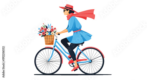 Stylish woman cycling with a basket of flowers.