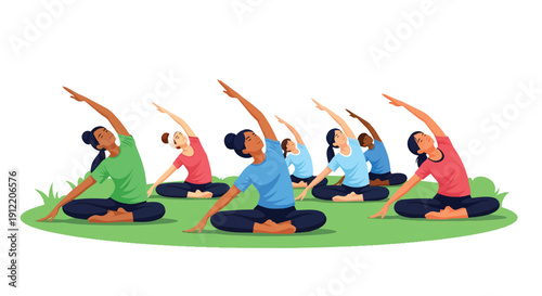 Diverse group of women practicing yoga outdoors in a serene setting.