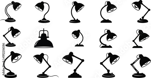 Desk lamp icons set vector illustration. Collection of various table lamp silhouettes for office, study, and home lighting design.