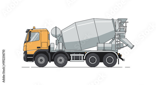 Illustration of a concrete mixer truck, a yellow and grey vehicle designed for transporting concrete to construction sites, showcased against a clean white background