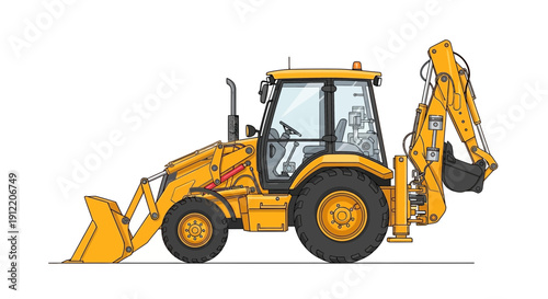 Yellow backhoe loader digger machine with front loader and excavator arm, illustration