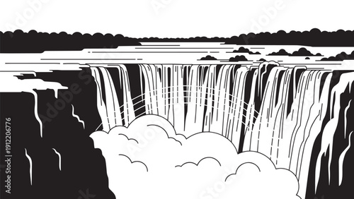 Monochrome Panorama of a Powerful Waterfall in a Cliff Gorge.