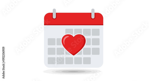 Calendar icon with red heart symbol on date square, representing love or special event on a schedule