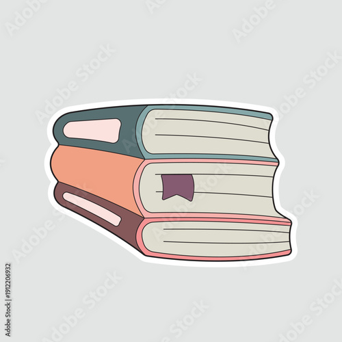 Thick stack of three books with a bookmark sticker. Ideal for extensive research, academic achievement, or library-themed design projects