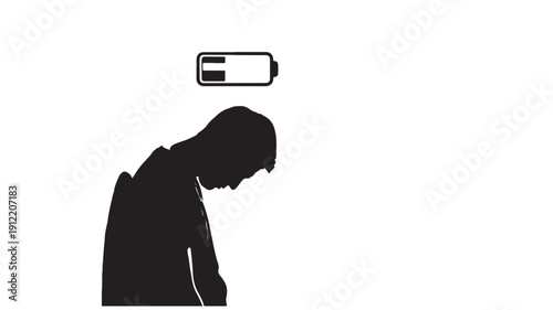 A silhouette of a person leaning forward with a battery icon above their head indicating low energy or exhaustion from technology usage indoors from a side viewpoint