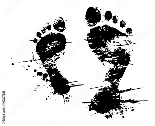 Human footprints silhouette walking forward in a textured ink splash and grunge design