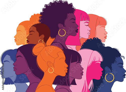 Colorful women profile illustration, diverse female silhouettes artwork, unity empowerment design, individuality portrait concept, multicultural gradient graphic celebration