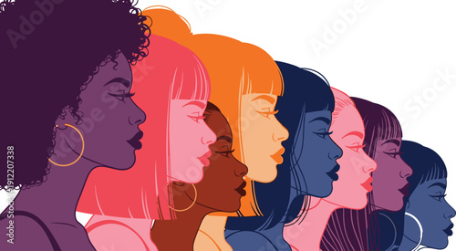 Colorful women silhouettes illustration, diverse female profiles artwork, unity empowerment design, individuality portrait concept, vibrant gradient graphic for celebration