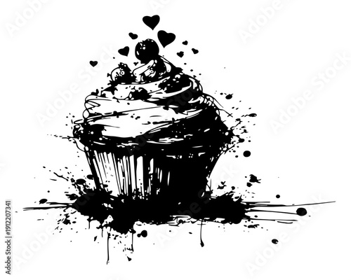 Delicious cupcake with heart shapes and cream topping in ink splatter grunge style