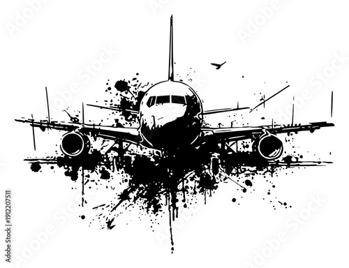 Frontal view of a passenger jet airplane with artistic ink splash decorations