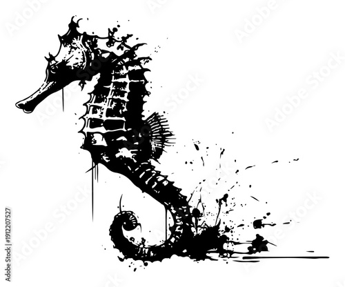 Detailed seahorse marine animal illustration in a grunge ink splash style