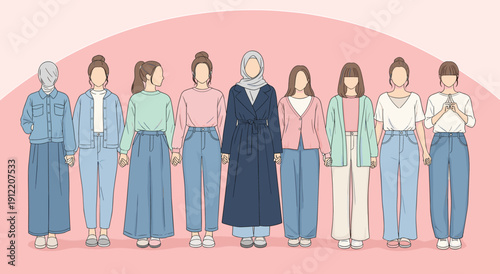 Modest fashion women illustration, diverse clothing artwork, cultural unity design, headscarf casual outfit silhouette, solidarity group graphic concept