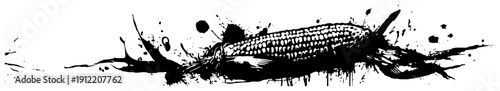 Corn on the cob illustration with horizontal ink splatters and artistic grunge elements