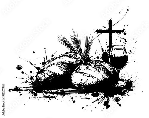 Religious communion silhouette with bread wine wheat and a cross in grunge style