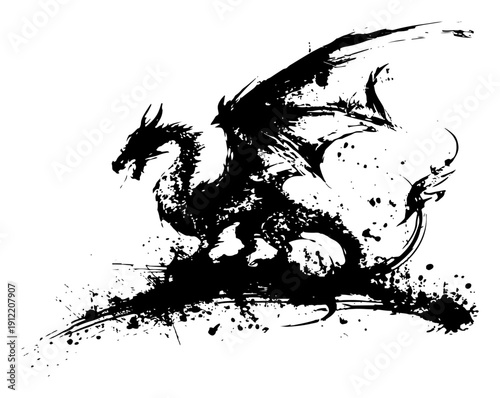 Powerful mythical dragon silhouette in a creative grunge ink splash style