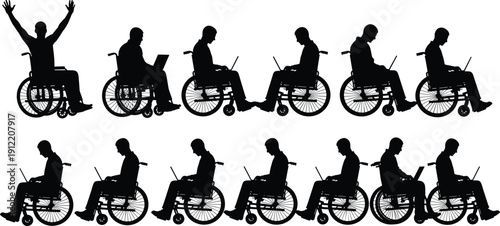Wheelchair technology silhouette illustration set, inclusive accessibility artwork, laptop productivity design, empowerment independence graphic, disability representation concept