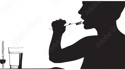 A person taking medication with a glass of water nearby in a simple, monochromatic illustration from a side viewpoint.