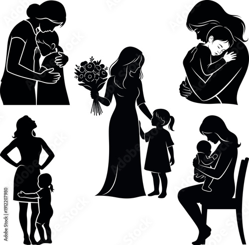 Mother's day silhouette illustrations heartwarming family moments