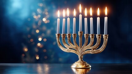 Hanukkah menorah shining bright, nine candles lit on dark blue background with bokeh lights, of festival lights celebrating