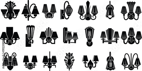 Collection of vintage and modern wall sconce and chandelier light fixtures vector illustration set icons