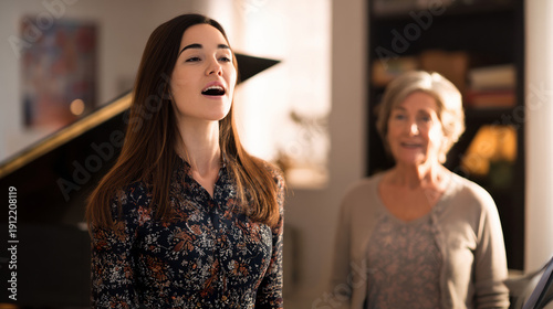 Voice training concept with teacher and piano.