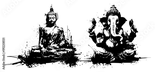 Spiritual buddha and ganesha figures in artistic ink splash style