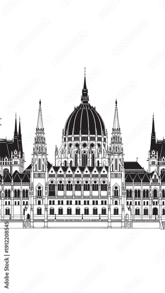 Obraz premium Budapest Parliament Building: Neo-Gothic Dome, Spires, and River Danube Skyline.