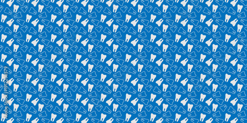 Seamless pattern of white tooth icons on a light blue background, ideal for dental, healthcare, and educational designs.