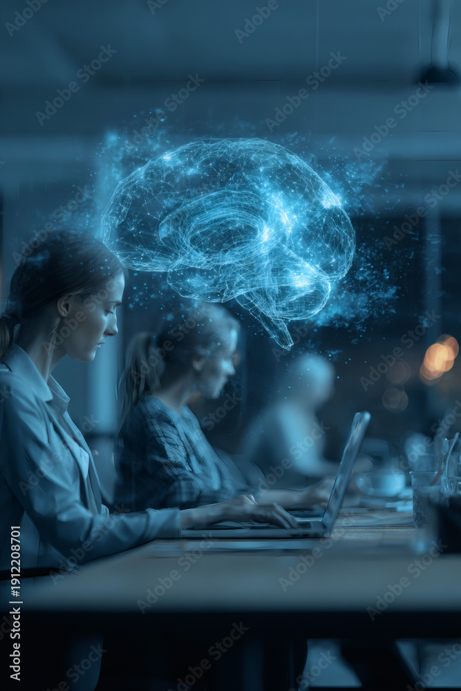 Fototapeta premium Professional team working in a modern office with a large glowing blue digital brain hologram representing artificial intelligence and innovation