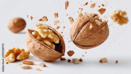 Walnut cracking open, outer shell breaking apart, nutritious nuts flying, fresh concept snack healthy food