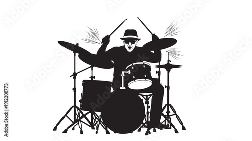 Energetic drummer wearing a hat plays a dynamic drum set with intense cymbal crashes from a central viewpoint