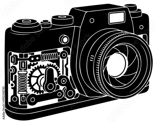 Black and white vector illustration of a vintage analog camera with exposed internal mechanical gears and lens aperture detail