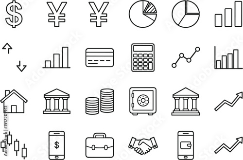 Minimal Line Finance and Banking Icons Set Including Currency Charts Analytics Payments and Business Symbols