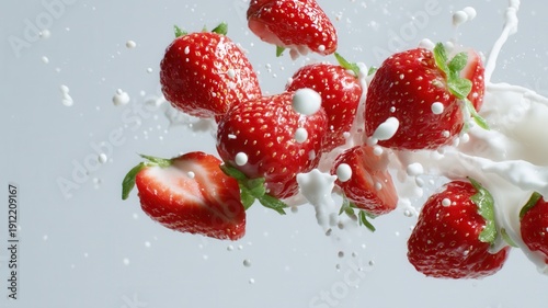 Fresh strawberries falling and splashing into white milk, creating a delicious and healthy summer food concept on blue