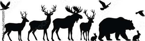 Black silhouette collection of wild forest animals including grizzly bear moose deer rabbit and flying birds for nature outdoors hunting and wilderness designs.