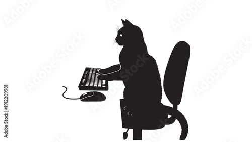 A cat sits on a chair, using a computer keyboard and mouse in a simple, illustrative style.