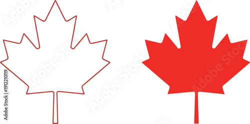 Canada maple leaf icon set in outline and solid red styles, national symbol vector illustration isolated on light background
