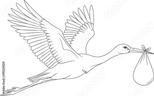 Black and white vector illustration of stork in flight carrying cloth bundle, folklore symbol, elongated wings, stylized cultural design