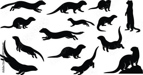 Collection of otter and weasel silhouettes in various poses including swimming running standing and jumping for river wildlife nature and animal conservation designs.
