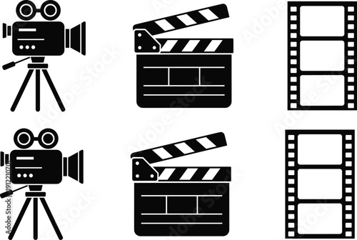 Film production icon set with movie camera, clapperboard and filmstrip symbols, black solid vector cinema elements isolated on light background
