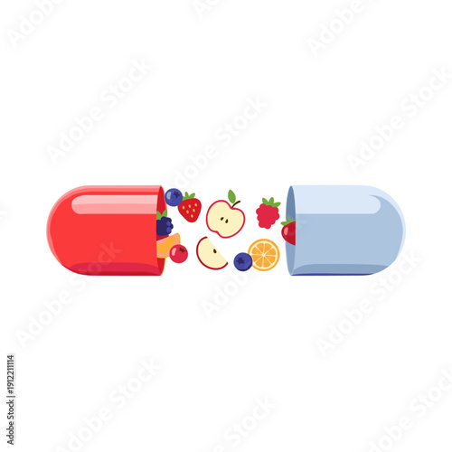Pharmaceutical pill capsule with fresh fruit pieces inside - organic nutrition and wellness concept 