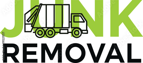 Junk removal logo design with garbage truck icon and bold green typography, waste management service branding vector isolated on light background