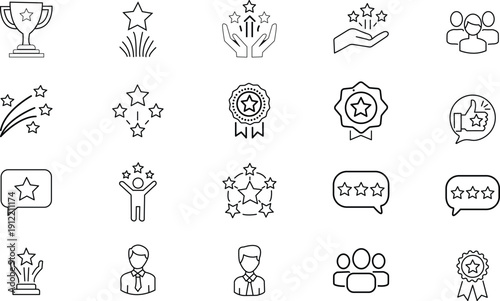 Collection of achievement and recognition icons in simple line art style